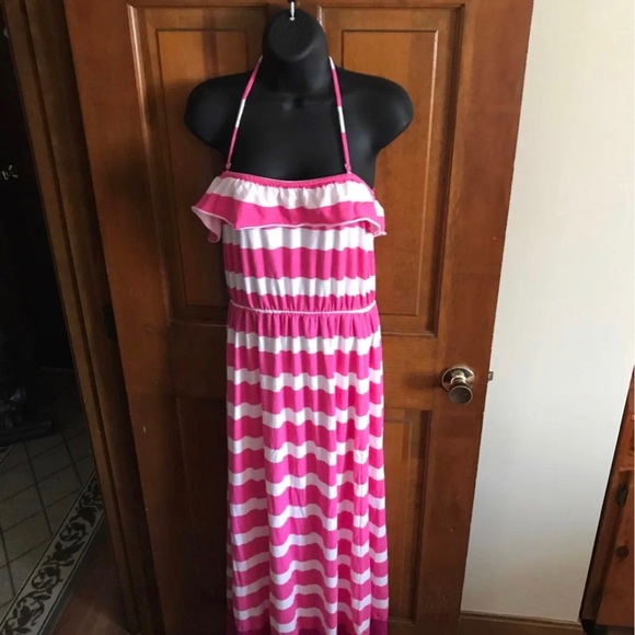 Sundress Pink white stripe maxi dress with neck strap, boho summer casual cotton - Picture 2 of 4